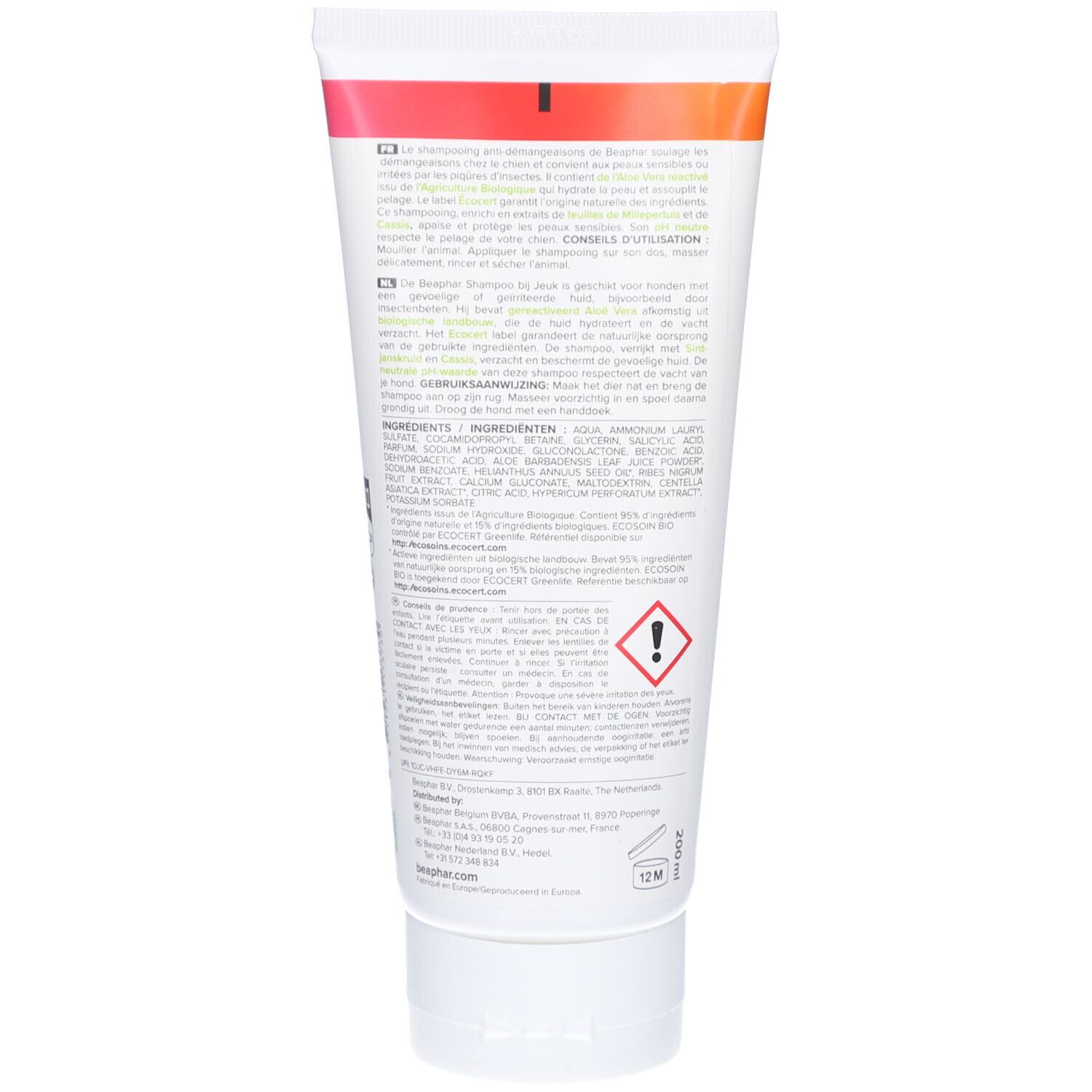 Dos du tube. Texte multilingue. Ingrédients et avertissements. Logo et coordonnées.