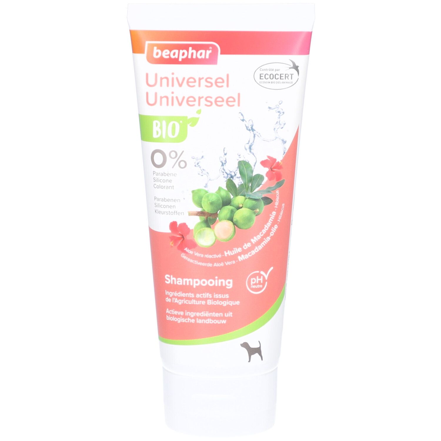Tube de shampooing Beaphar Bio Universel pour chien. Design rose et blanc avec illustration et texte. Label Ecocert visible.