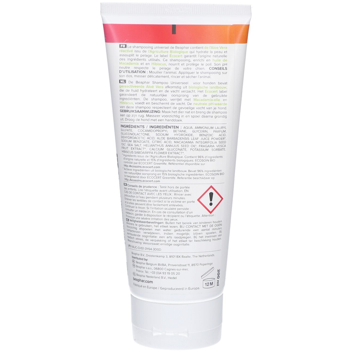 Dos du tube de shampooing Beaphar Bio Universel pour chien. Texte multilingue, ingrédients, avertissements et symbole 12M.