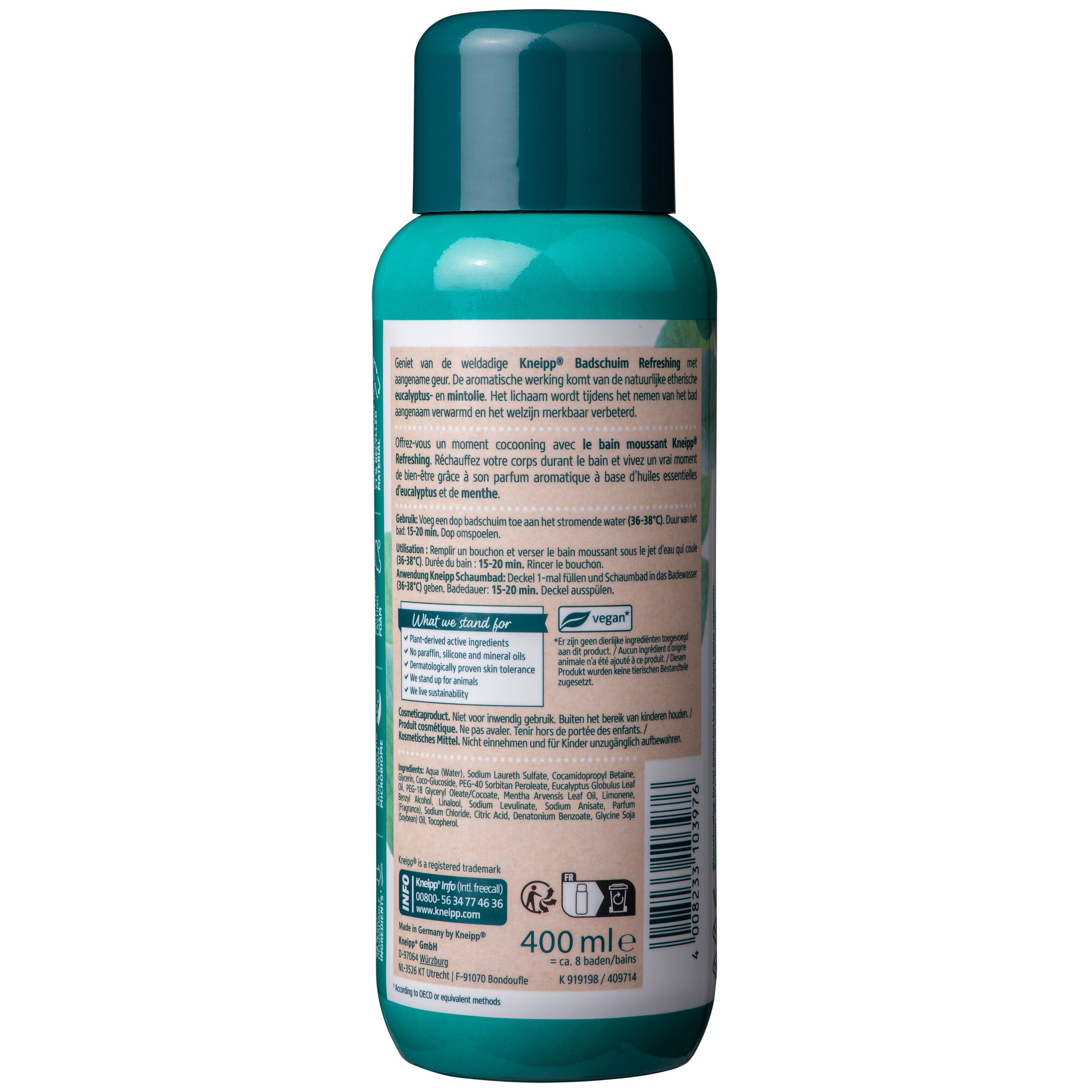 Dos du flacon vert. Texte : Kneipp Bains moussants Refreshing, Menthe-Eucalyptus. Avec ingrédients et mode d'emploi.