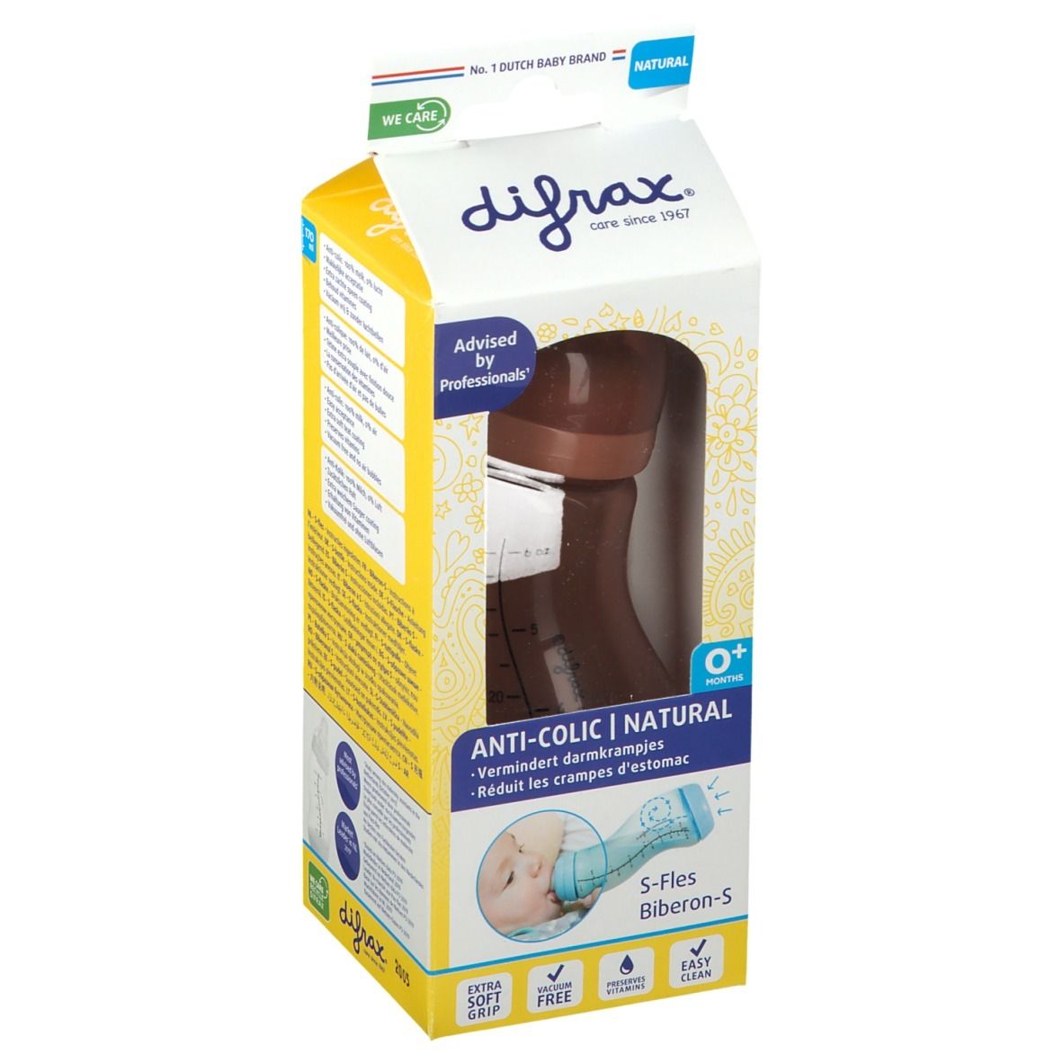 Emballage de biberon marron. Visible : marque, nom du produit, fonction anti-colique, biberon S, 0+ mois.