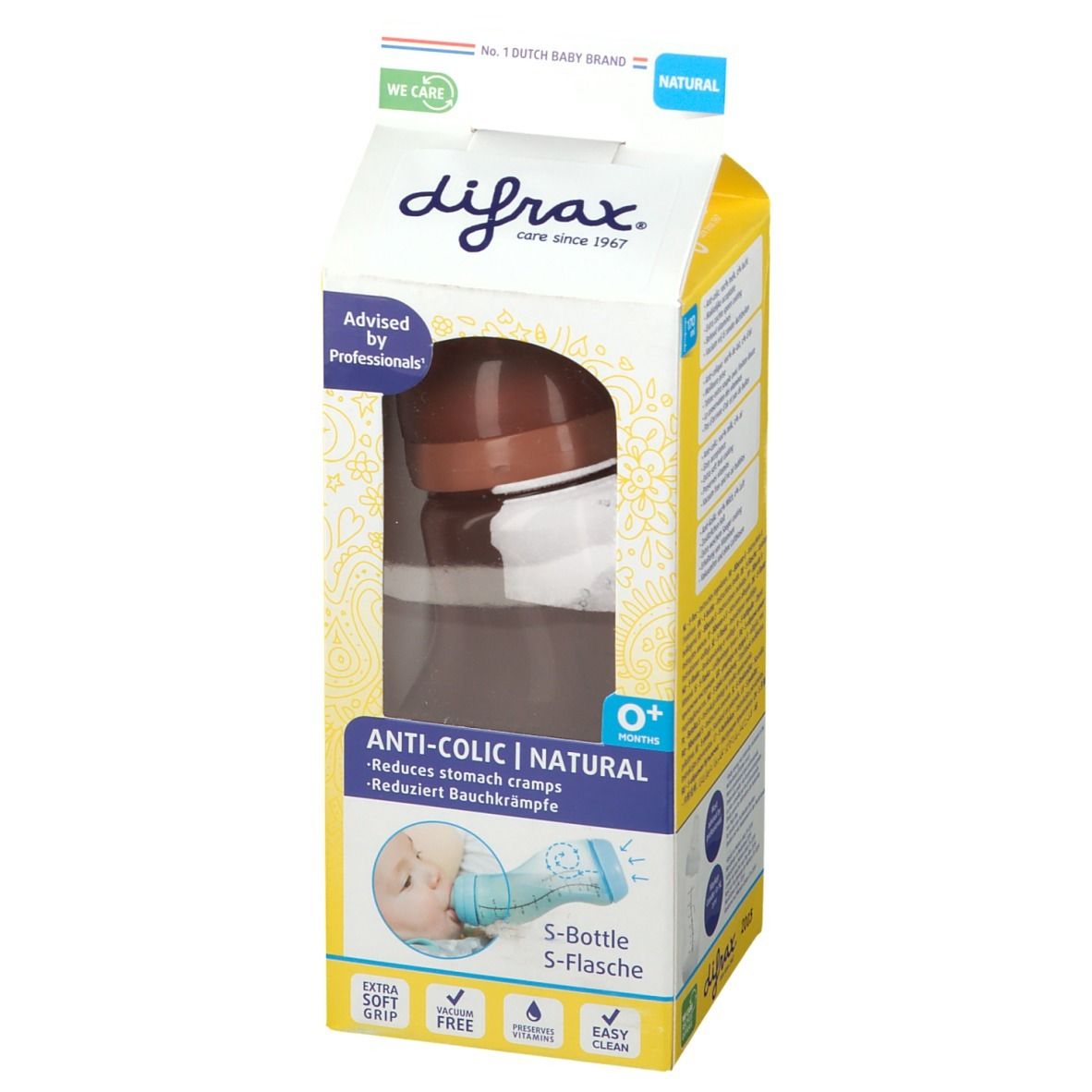 Emballage de biberon marron. Visible : marque, nom du produit, fonction anti-colique, biberon S, 0+ mois.