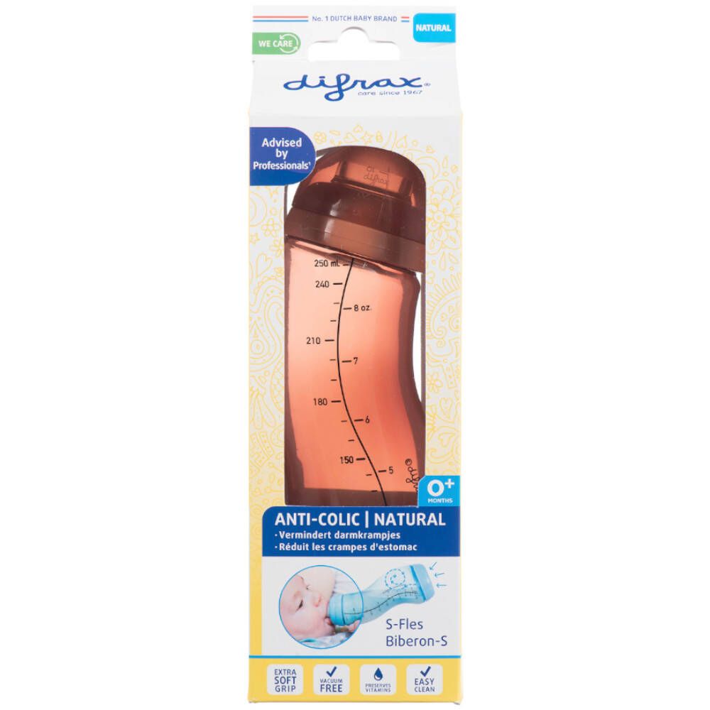 Emballage avec biberon S. Biberon rose avec graduation. Texte: Anti-colique, Natural, 0+. Marque Difrax.