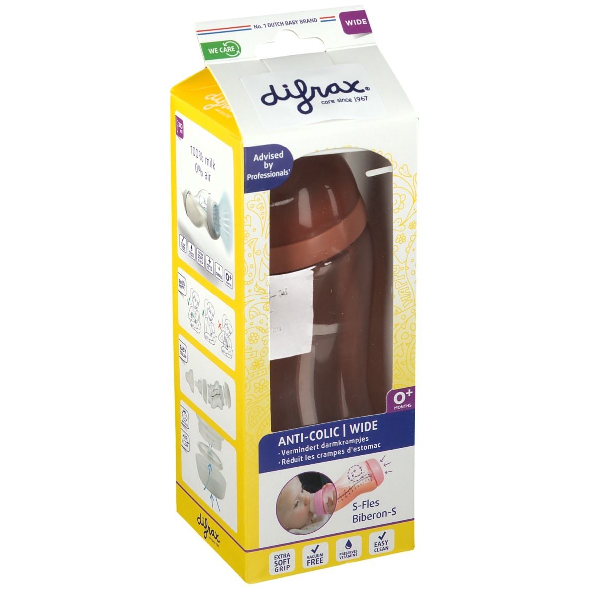 Biberon marron dans un emballage jaune. Avec échelle de mesure et l'inscription 'ANTI-COLIC | WIDE'.
