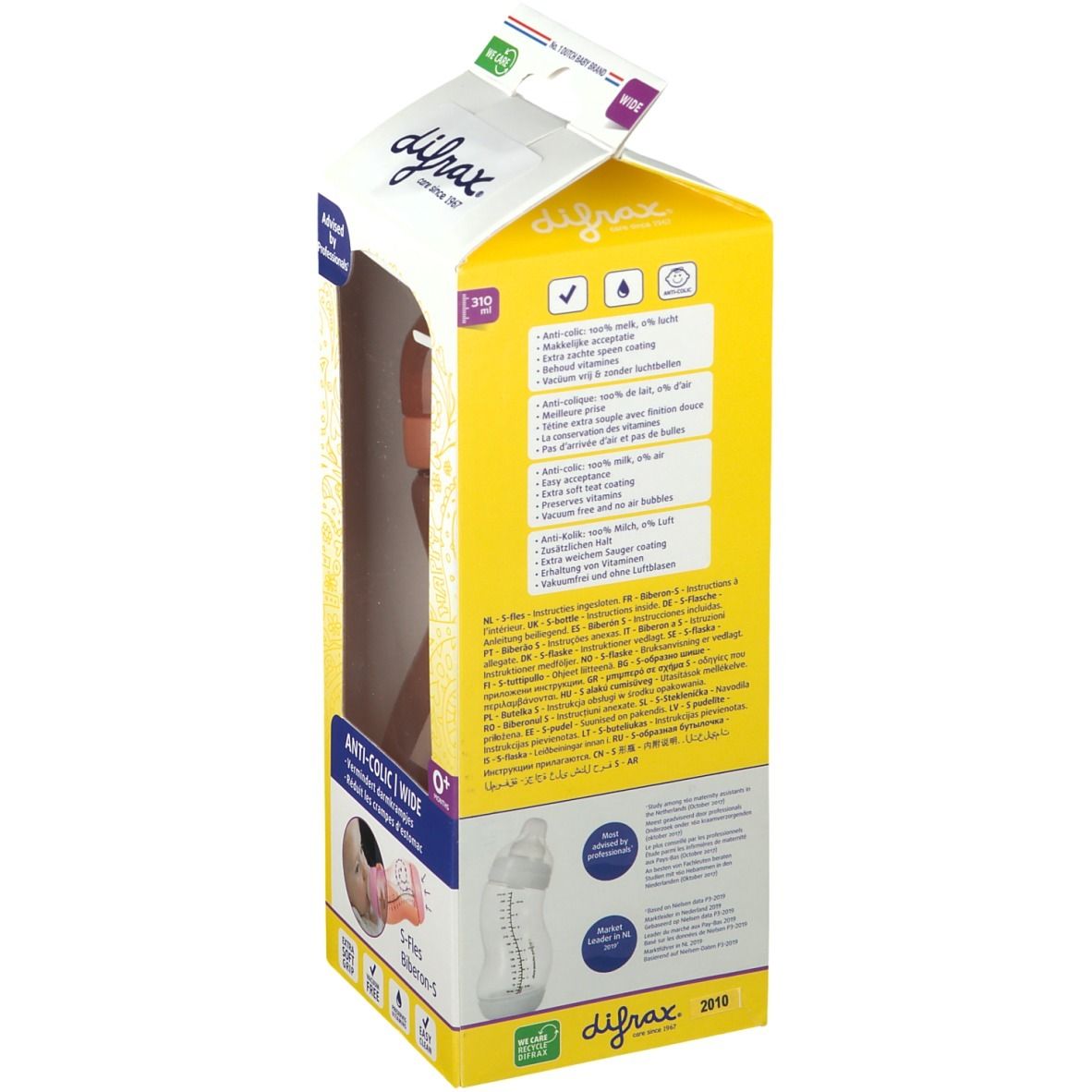 Emballage jaune avec biberon. Dos avec informations sur le produit et logos. Marque : difrax.