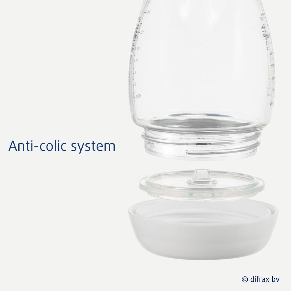 Biberon démonté. Système anti-colique, pièces transparentes.