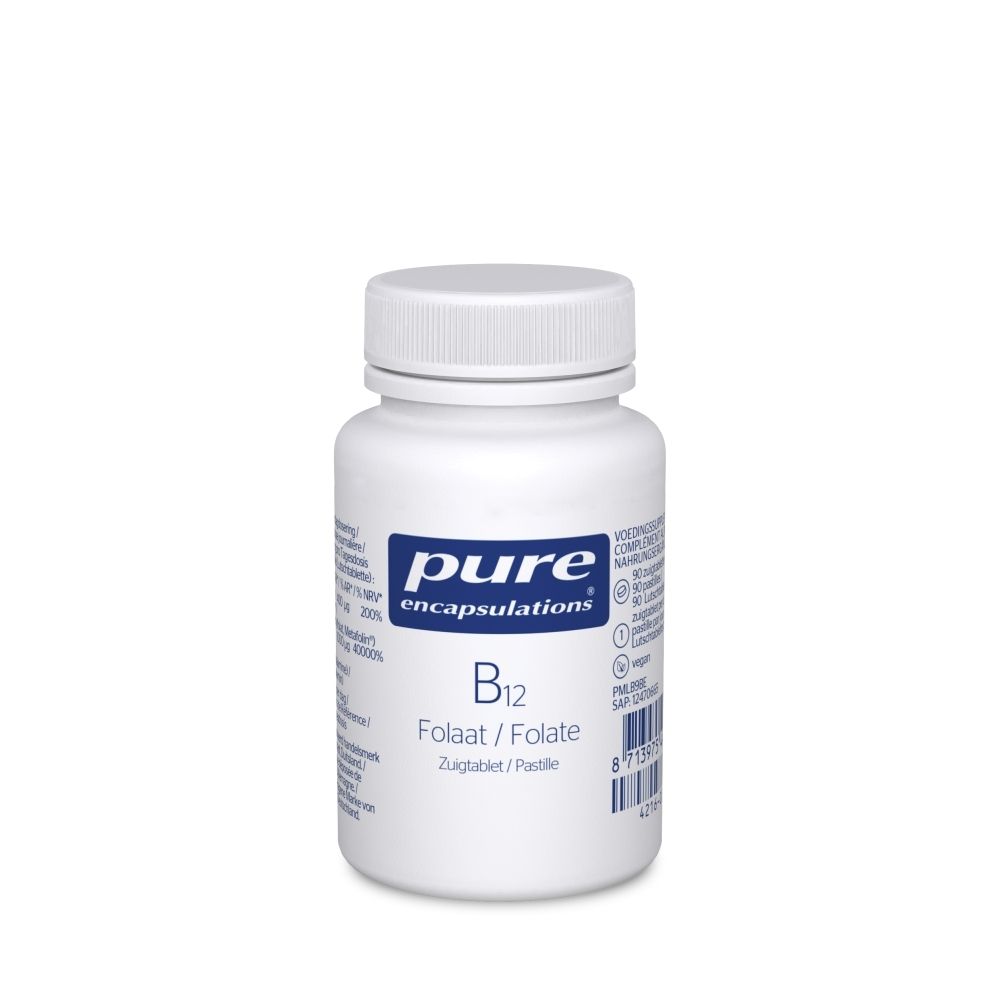 Flacon blanc de pure encapsulations® B12 Folate. Inscription : B12 Folate/Folate, comprimés à sucer. Bouchon scellé.