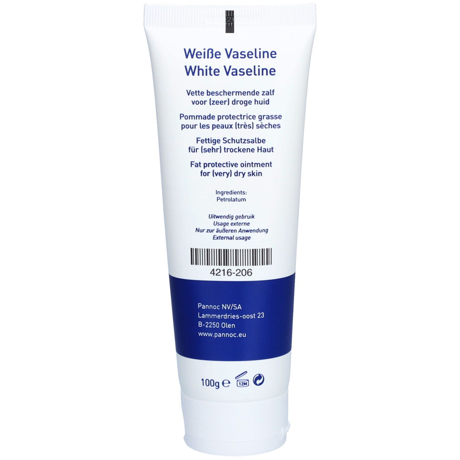 Dos du tube avec informations sur le produit. Texte : Weiße Vaseline, White Vaseline. Pommade protectrice grasse. Logo : PANNOC.