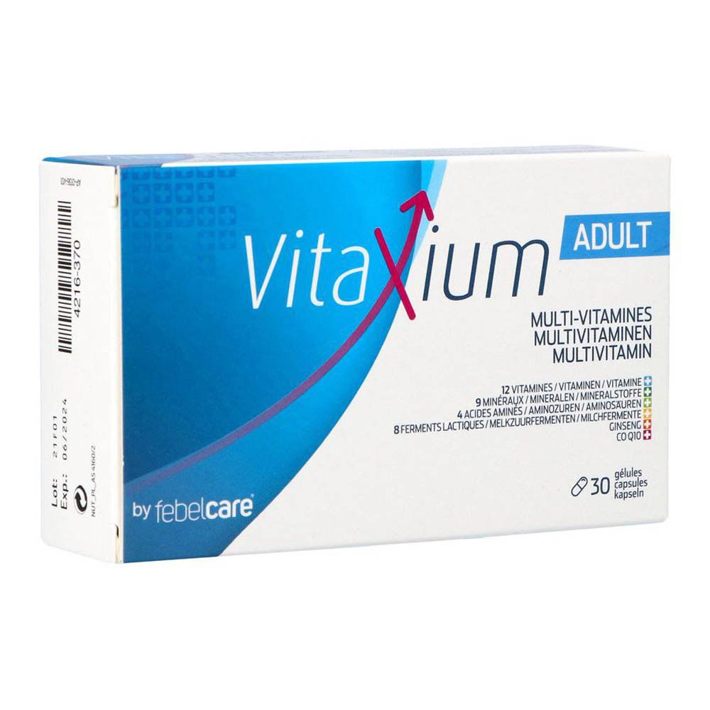 Boîte de multivitamines Vitaxium Adult. Boîte blanche et bleue avec nom et informations. Contient 30 gélules.