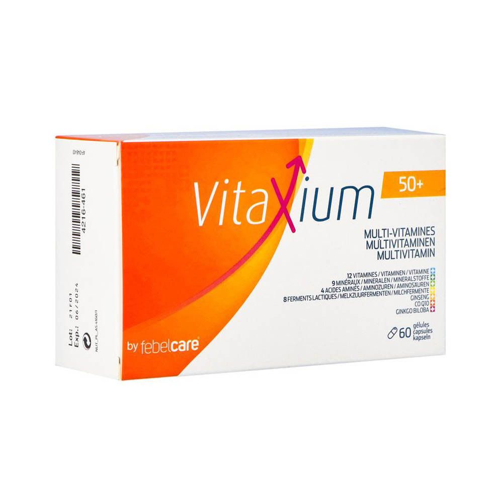 Boîte "Vitaxium 50+". Contient multivitamines. 60 gélules. Marque: febelcare.