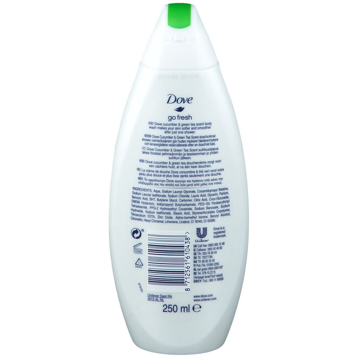 Flacon de gel douche Dove blanc avec bouchon vert. Inscription 'go fresh'. Contient 250 ml.