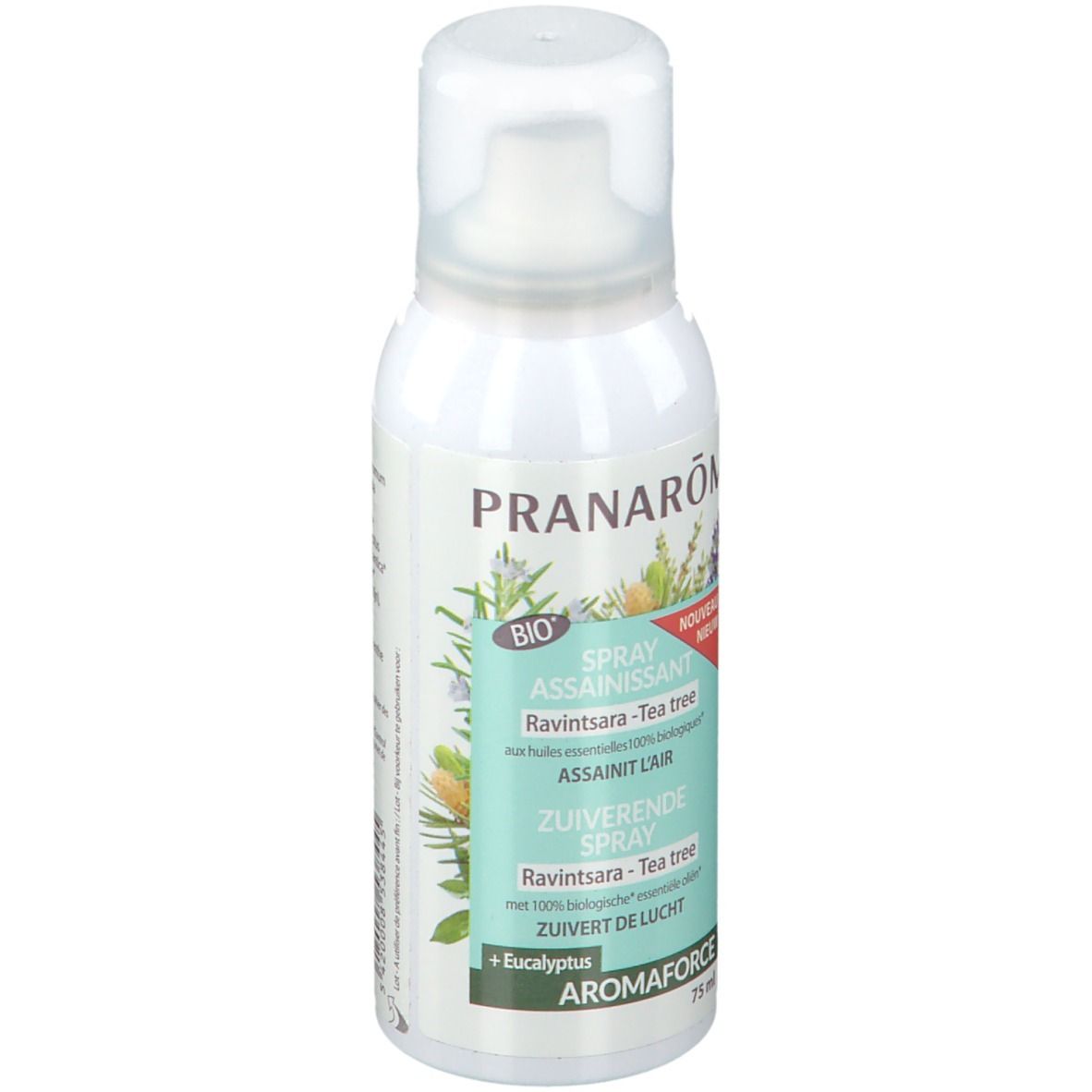 Flacon spray blanc. Inscriptions: Pranarôm, Spray assainissant, Ravintsara-Tea tree, Aromaforce, Bio.