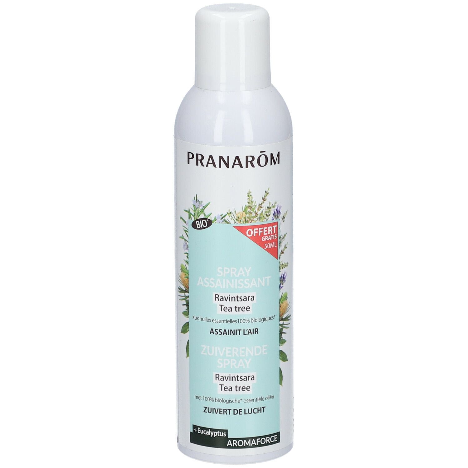 Spray blanc Pranarôm, Spray Assainissant, Ravintsara Tea tree. Mention Bio. Offert.