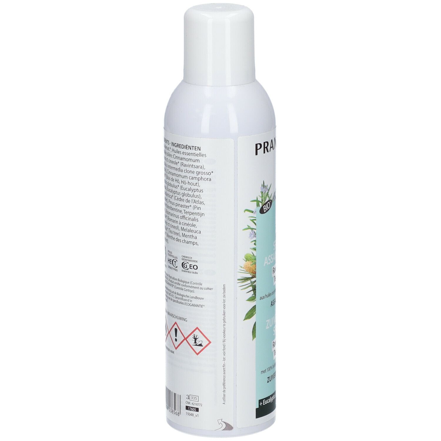 Spray blanc. Dos avec ingrédients, avertissements et certifications. Texte en allemand et français.