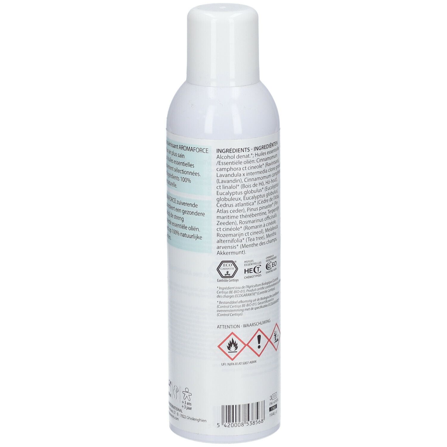 Spray blanc. Dos avec ingrédients, avertissements et certifications. Texte en allemand et français.