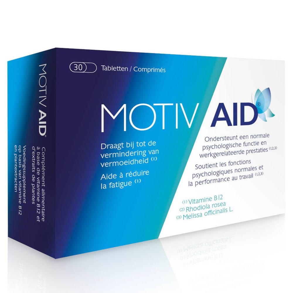 Boîte Motiv Aid. Emballage bleu et blanc. Contient 30 comprimés. Texte: "Aide à réduire la fatigue".
