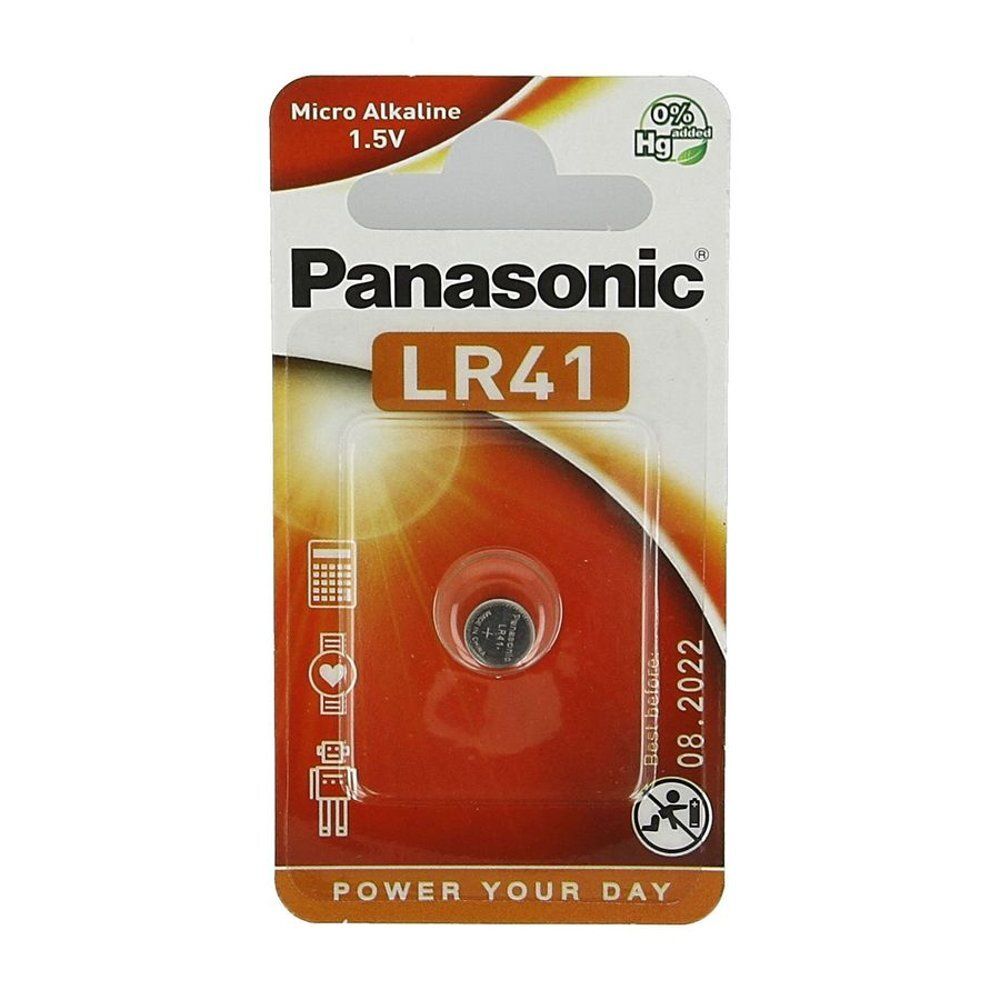 Pile Panasonic LR41 en blister. Micro Alkaline 1,5V. Date limite 08.2022. Pile visible.