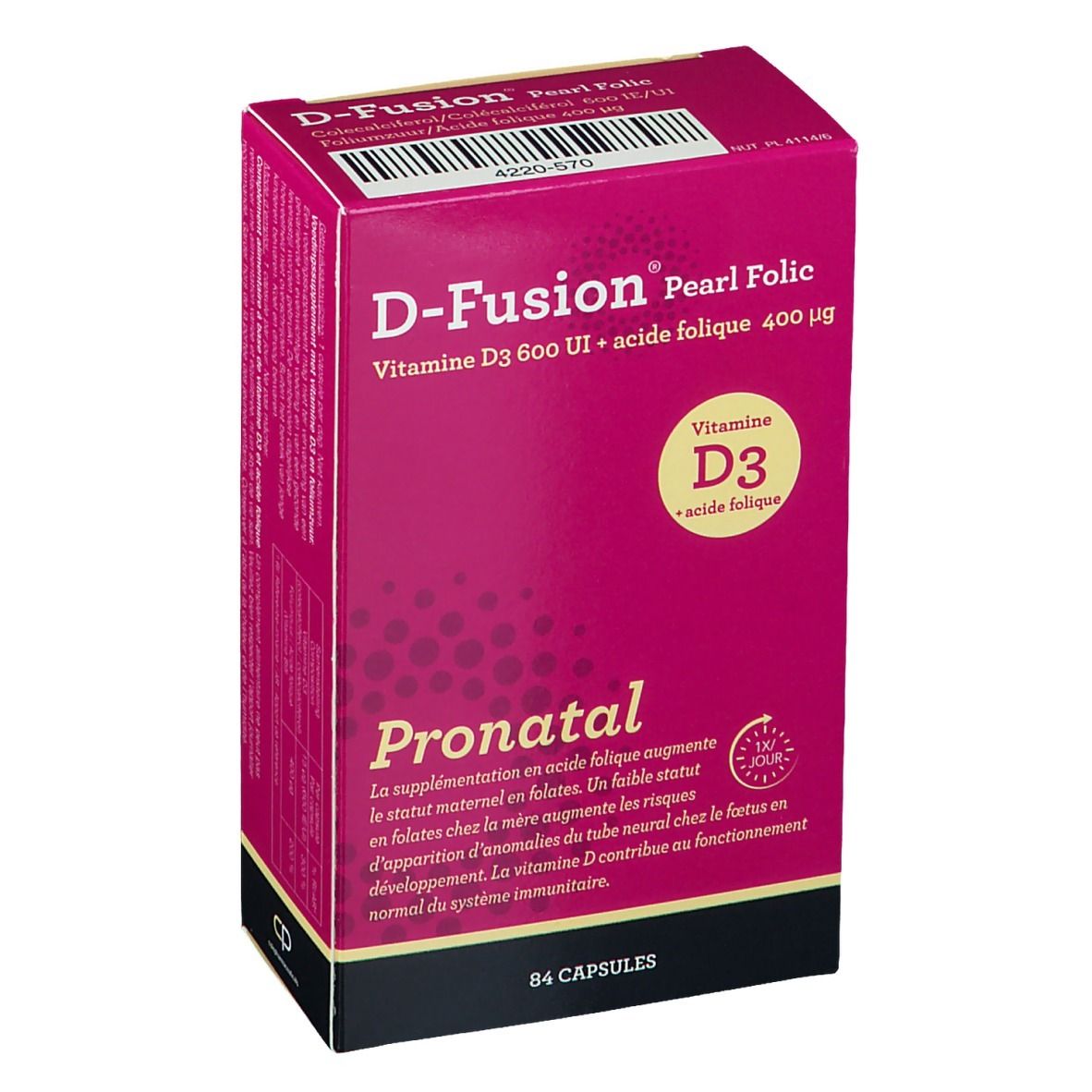 Boîte D-Fusion Pearl Folic. Contient de la vitamine D3 et de l'acide folique. Emballage rose avec informations et 84 gélules.