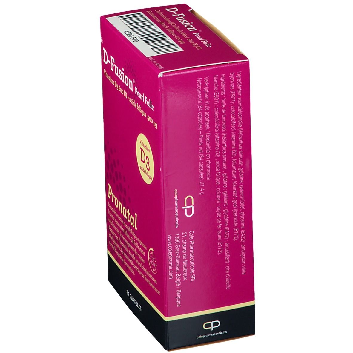 Boîte D-Fusion Pearl Folic en biais. Emballage rose avec informations. Contient vitamine D3 et acide folique. 84 gélules.
