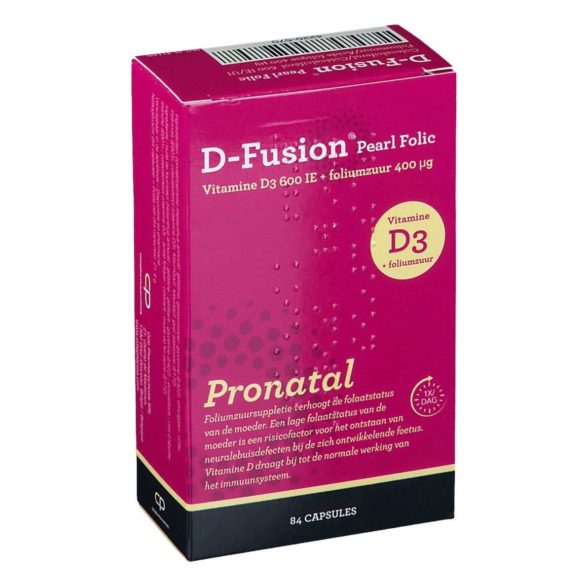 Boîte D-Fusion Pearl Folic. Contient de la vitamine D3 et de l'acide folique. Emballage rose avec informations et 84 gélules.
