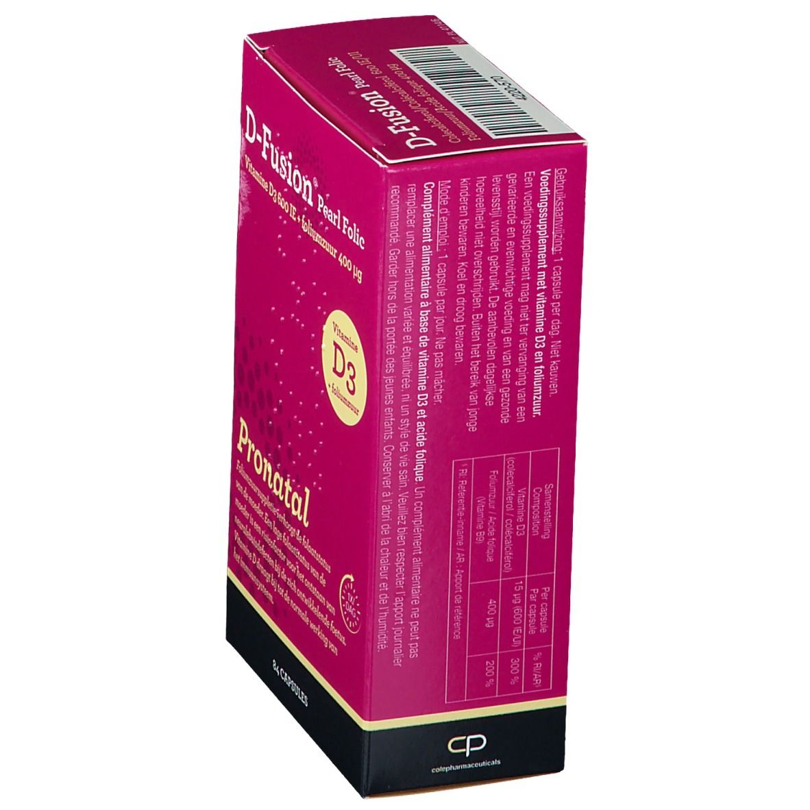 Boîte D-Fusion Pearl Folic en biais. Emballage rose avec informations. Contient vitamine D3 et acide folique. 84 gélules.