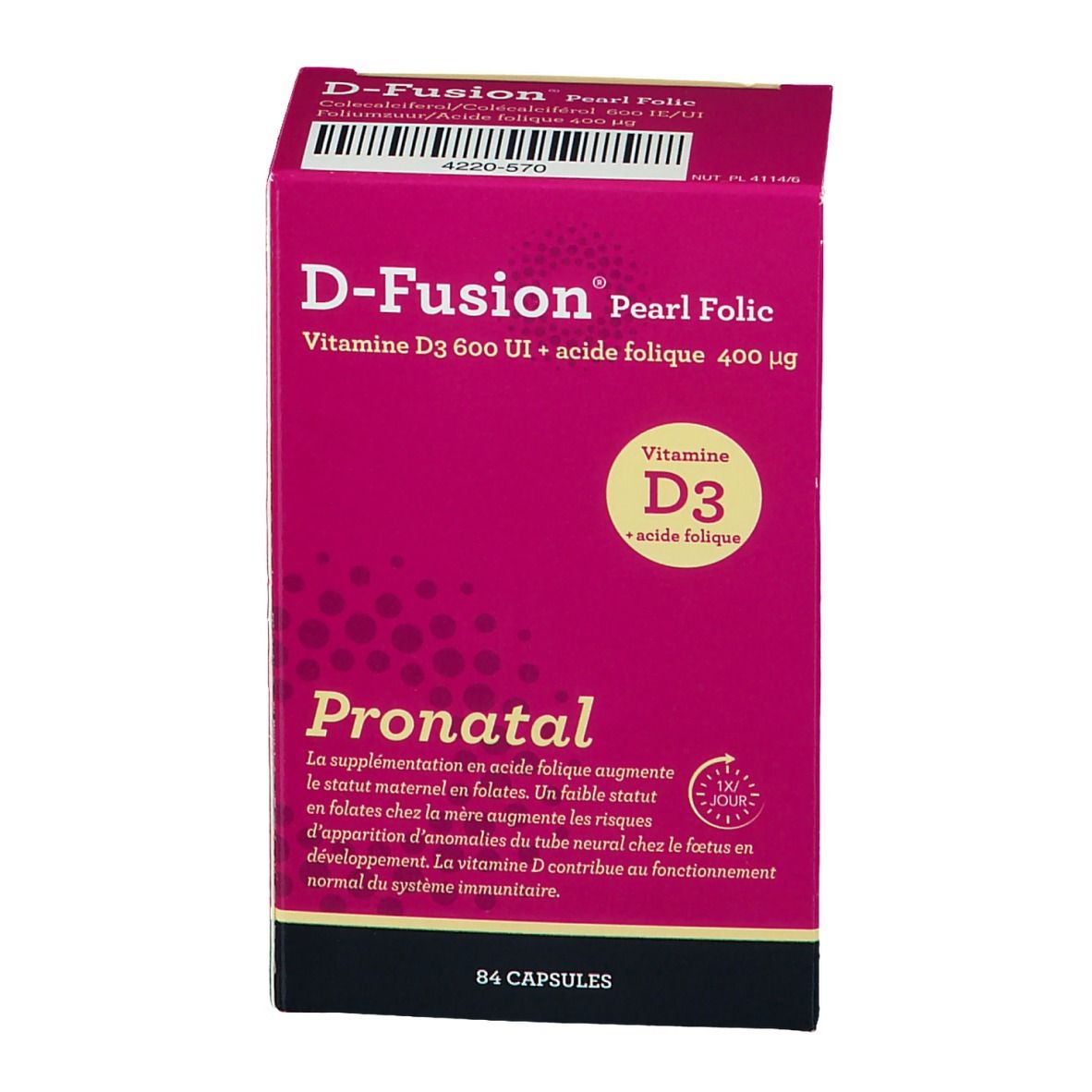 Boîte D-Fusion Pearl Folic. Contient de la vitamine D3 et de l'acide folique. Emballage rose avec informations et 84 gélules.