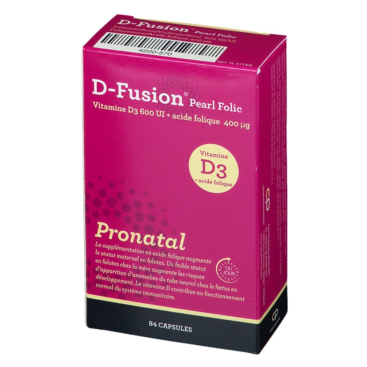 Boîte D-Fusion Pearl Folic. Contient de la vitamine D3 et de l'acide folique. Emballage rose avec informations et 84 gélules.