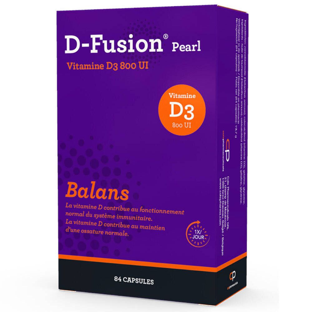 Boîte D-Fusion Pearl. Contient 84 capsules de vitamine D3 800 UI. Boîte violette avec texte blanc et orange.