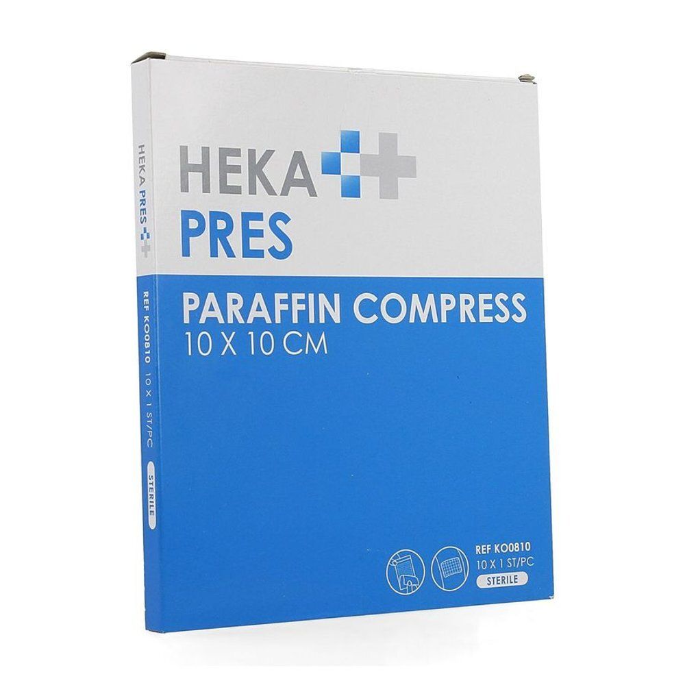 Boîte de compresses de paraffine HEKA PRES 10 x 10 cm. Couleurs bleu et blanc. Stérile.