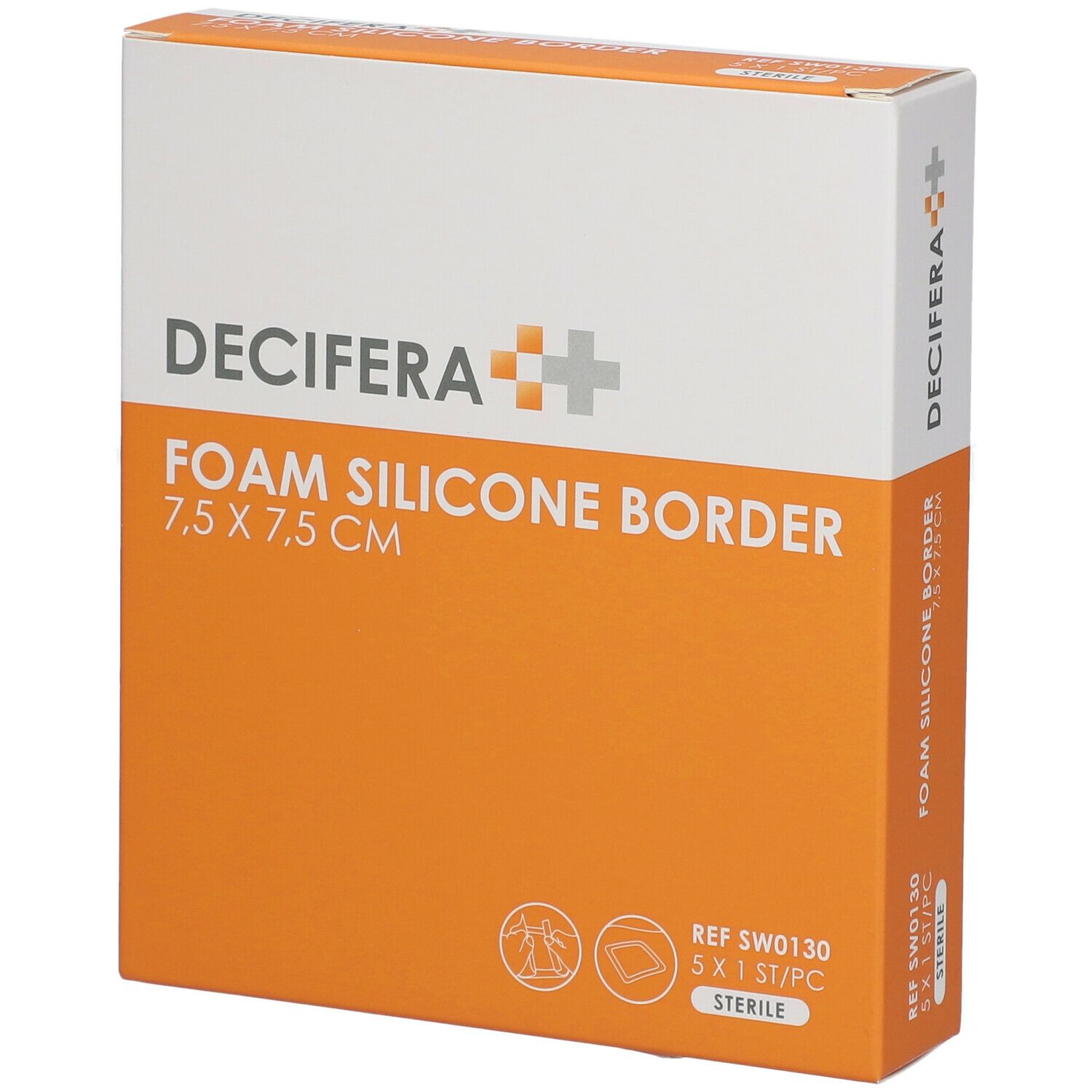 Boîte DECIFERA Foam Silicone Border 7,5 x 7,5 cm. Emballage orange et blanc avec nom et dimensions du produit.