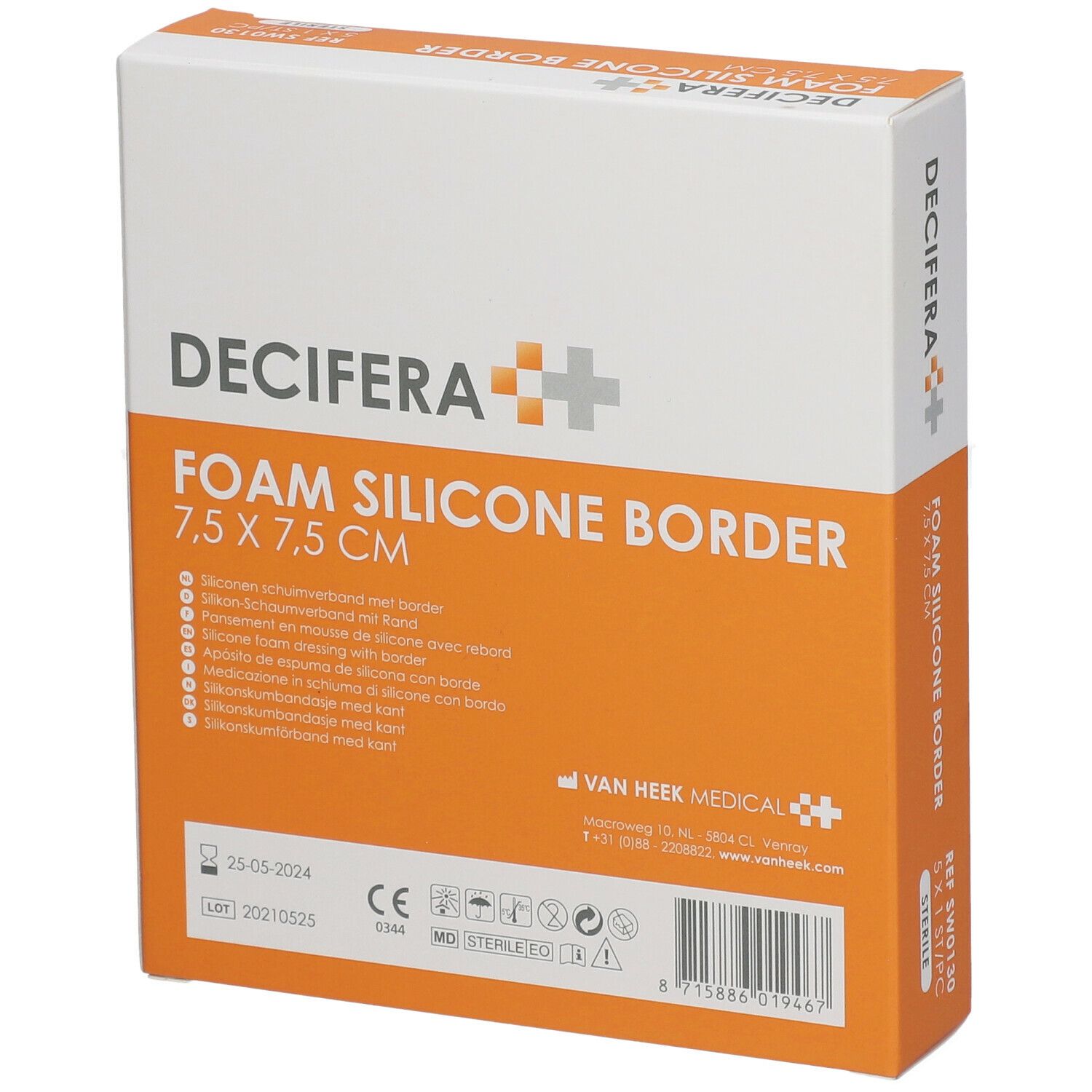 Boîte DECIFERA Foam Silicone Border 7,5 x 7,5 cm. Emballage orange et blanc avec nom, taille et informations supplémentaires.
