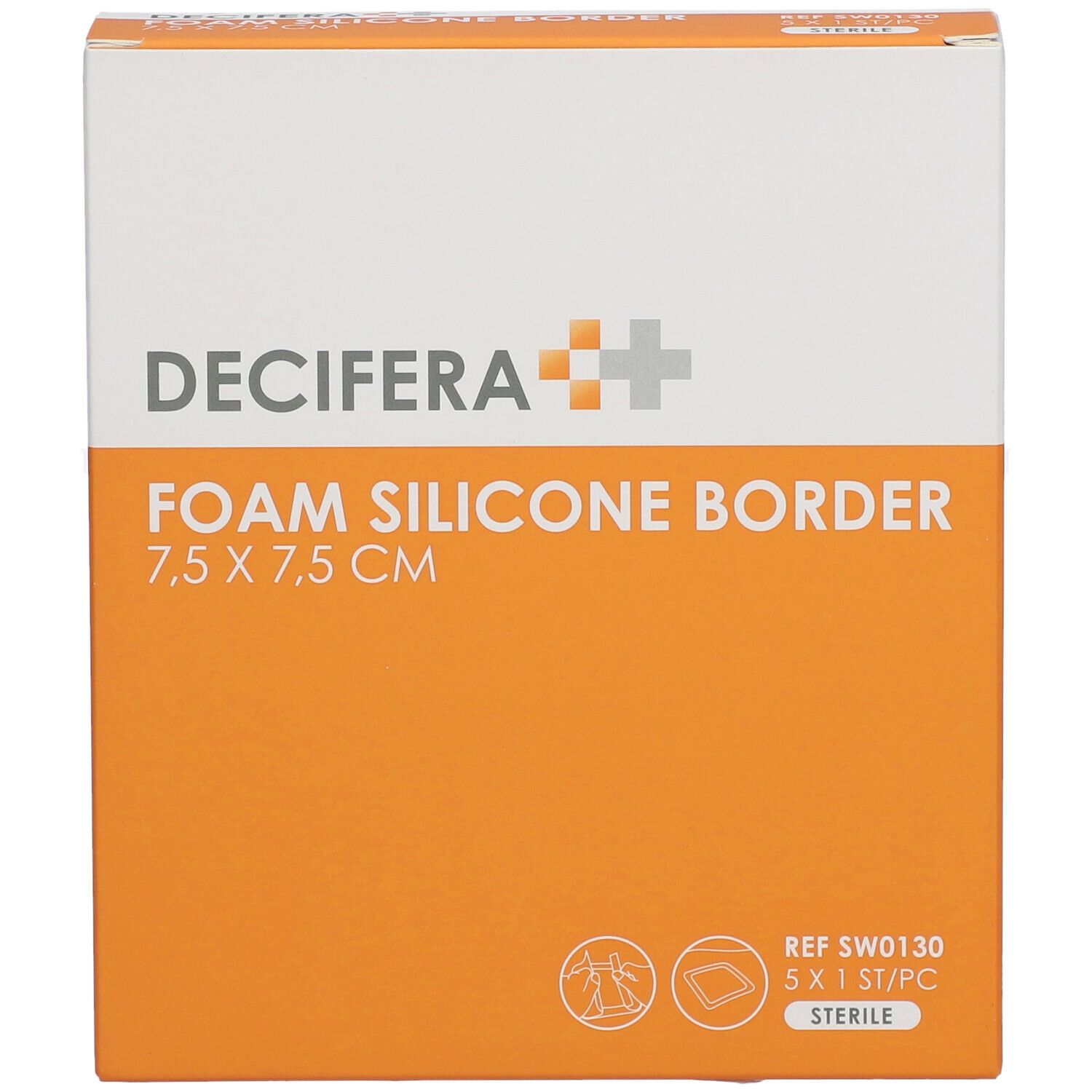 Boîte DECIFERA Foam Silicone Border 7,5 x 7,5 cm. Emballage orange et blanc avec nom et dimensions du produit.