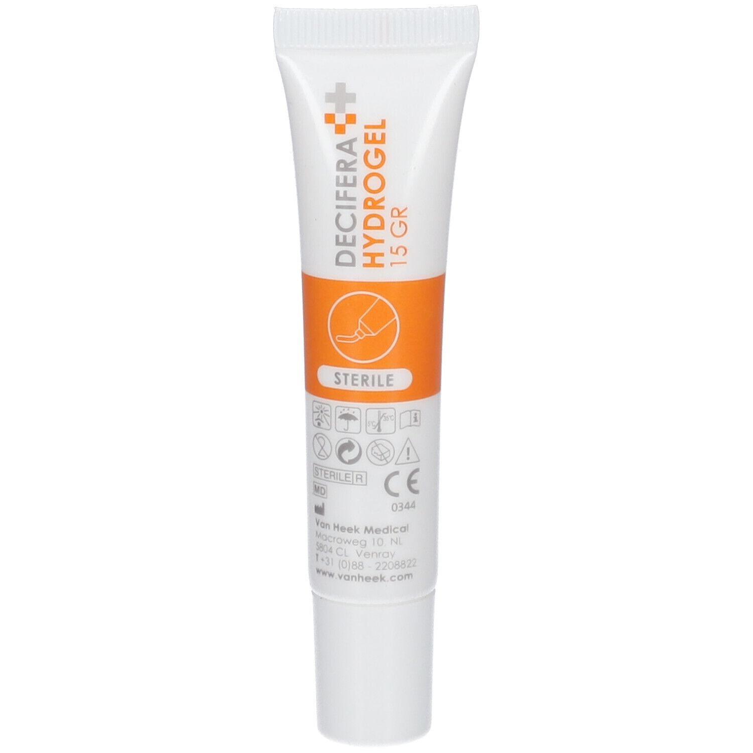 Tube blanc DECIFERA Hydrogel 15 GR. Bande orange, logos et symbole stérile. Marquage CE.