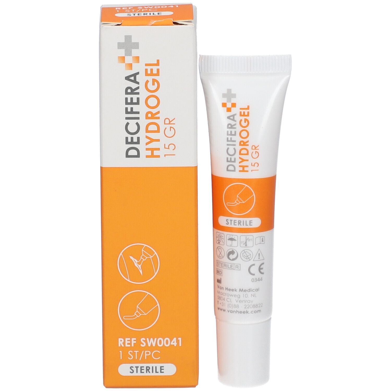 Tube et emballage DECIFERA Hydrogel. Tube et boîte avec logos, texte et éléments orange. Stérile.