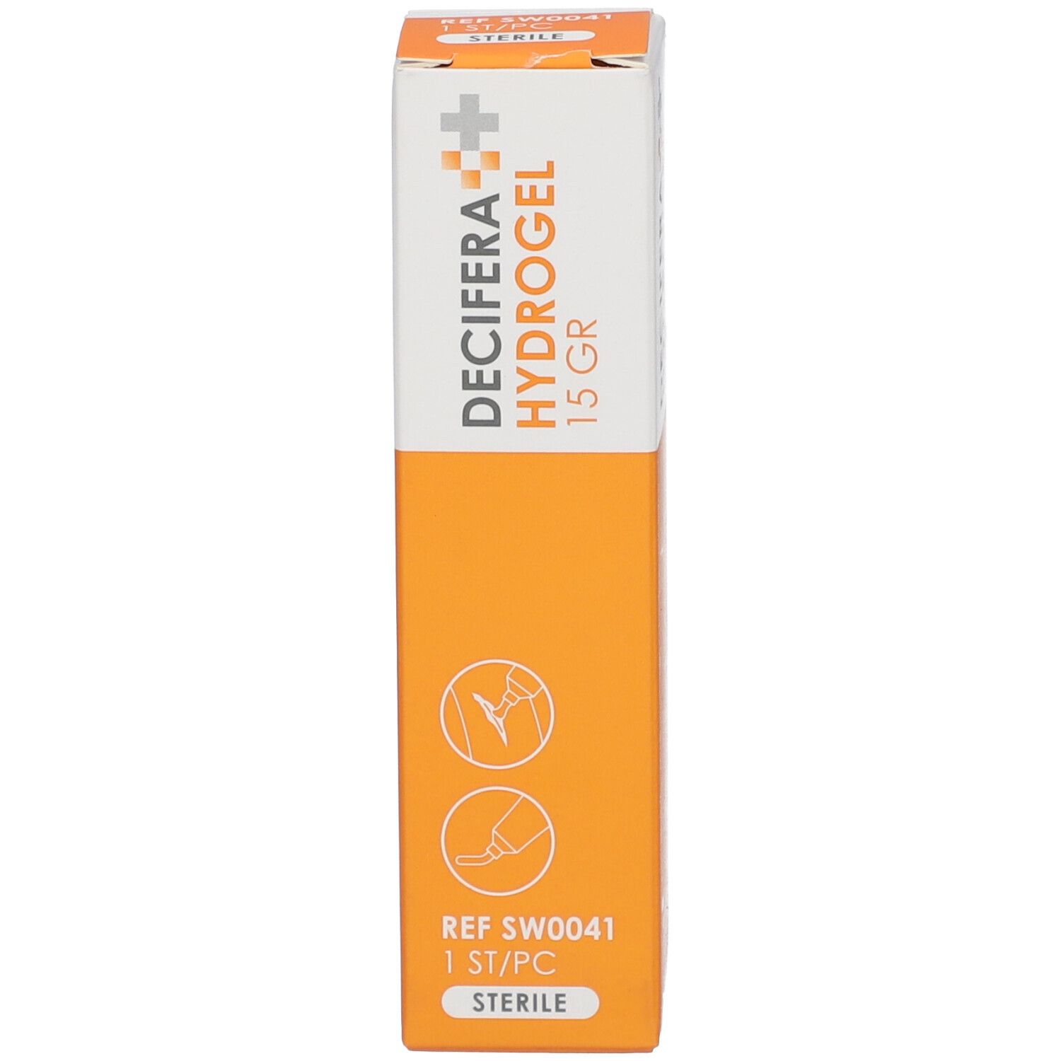 Emballage DECIFERA Hydrogel. Boîte orange avec partie supérieure blanche. Logos et texte.