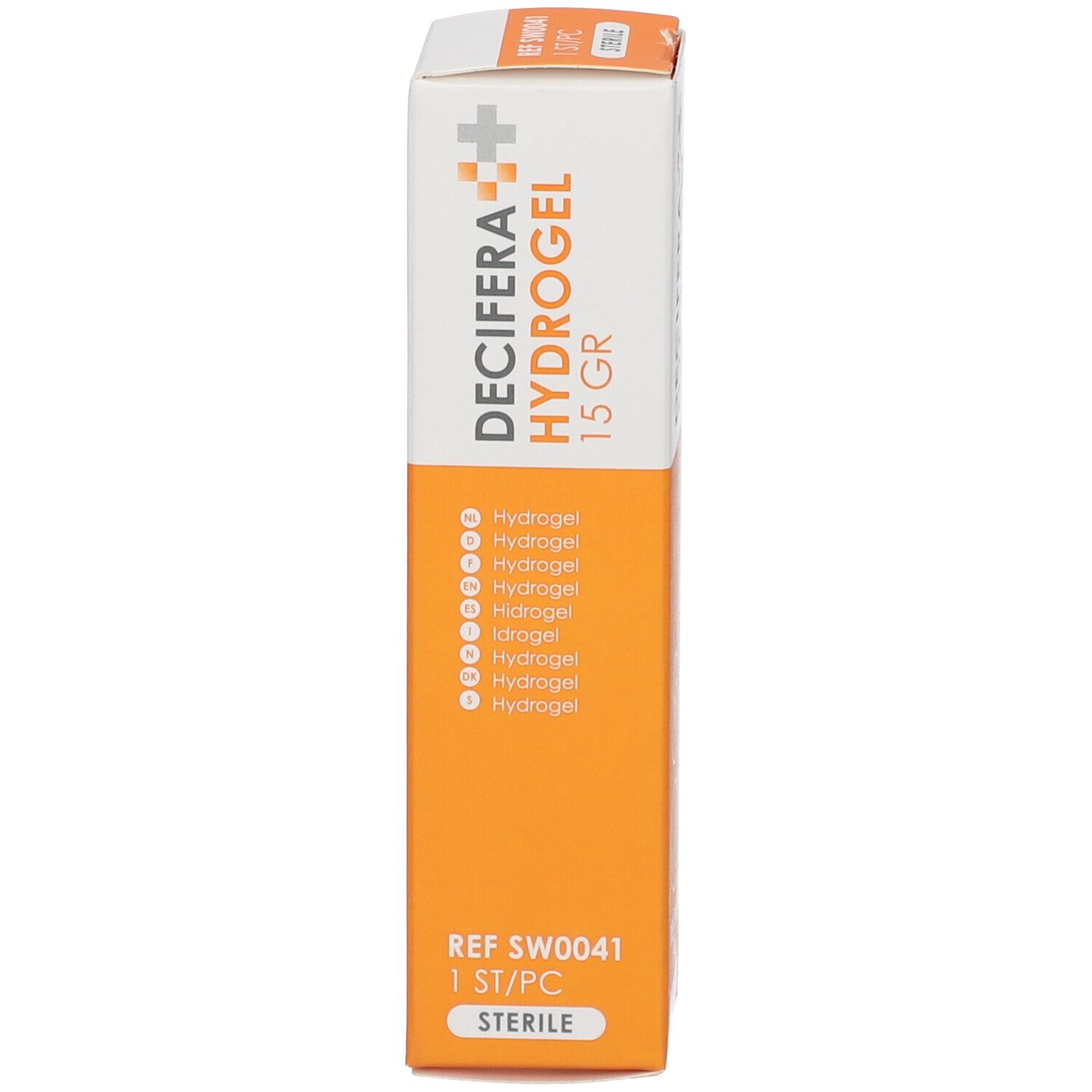 Emballage DECIFERA Hydrogel. Boîte orange avec partie supérieure blanche. Logos et texte. Texte répété.