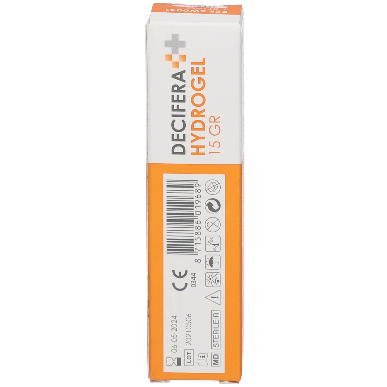 Emballage DECIFERA Hydrogel. Côté avec marquage CE, date d'expiration, numéro de lot et code-barres.