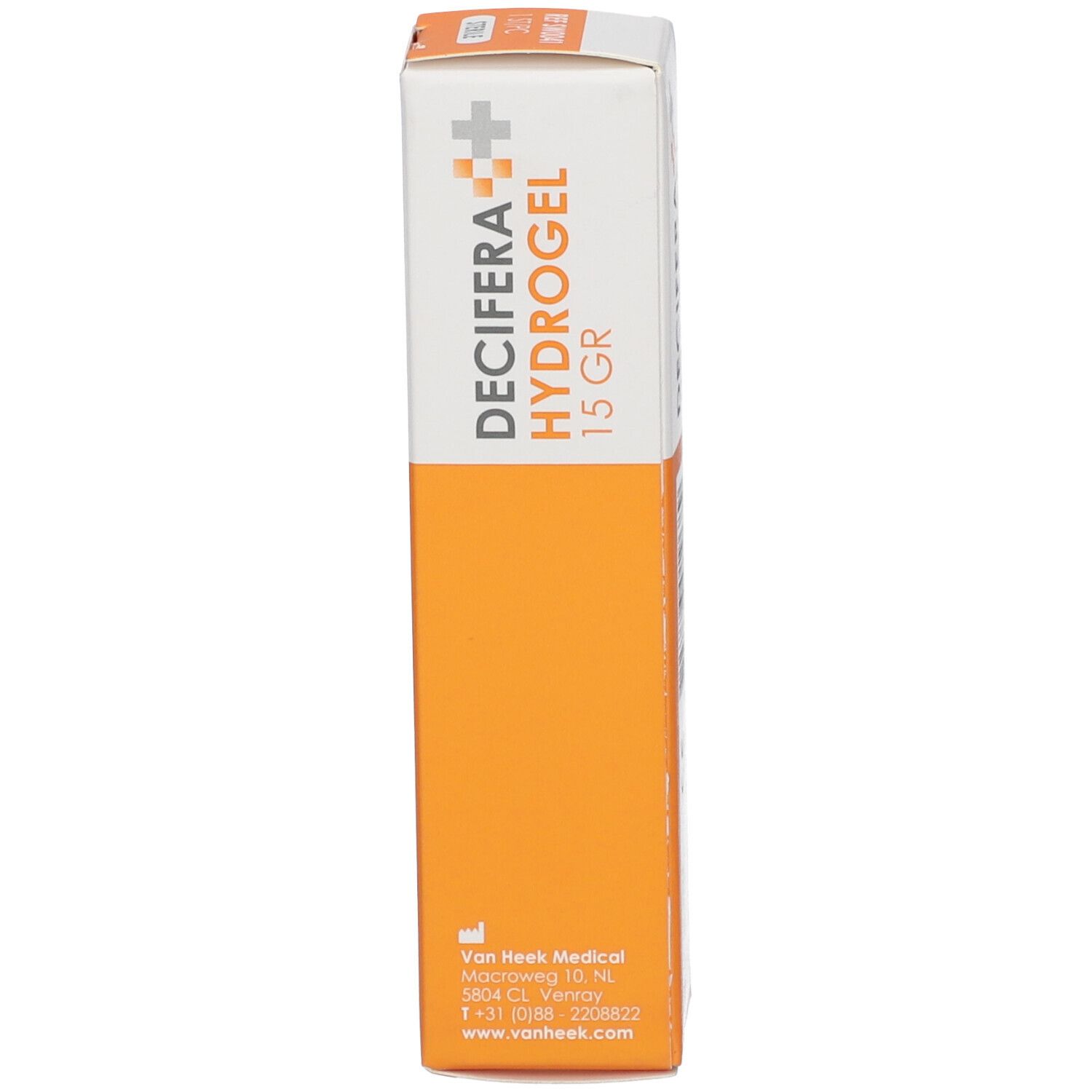 Emballage DECIFERA Hydrogel. Côté avec coordonnées du fabricant.