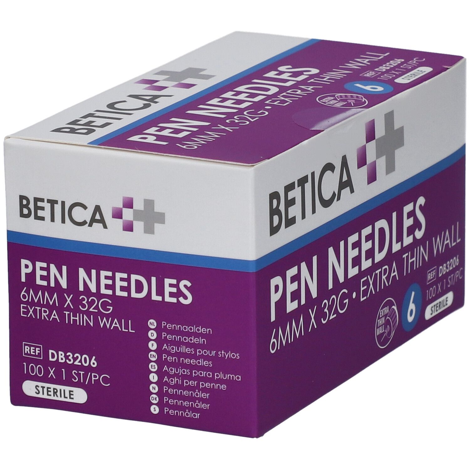 Boîte de Pen Needles Betica. 6mm x 32G, paroi ultra-fine. Inscriptions multilingues.