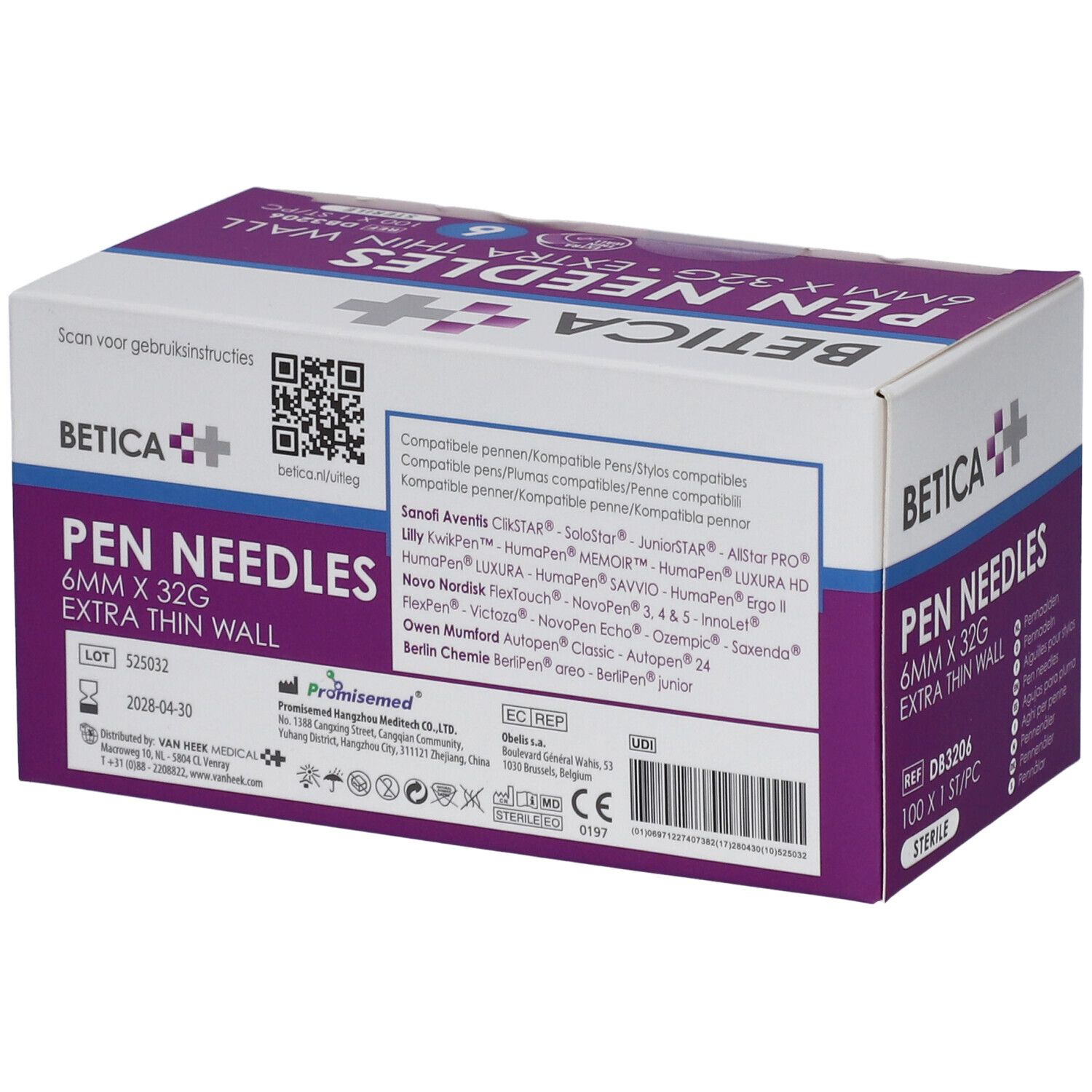Boîte de Pen Needles Betica. 6mm x 32G, paroi ultra-fine. Liste des stylos compatibles.