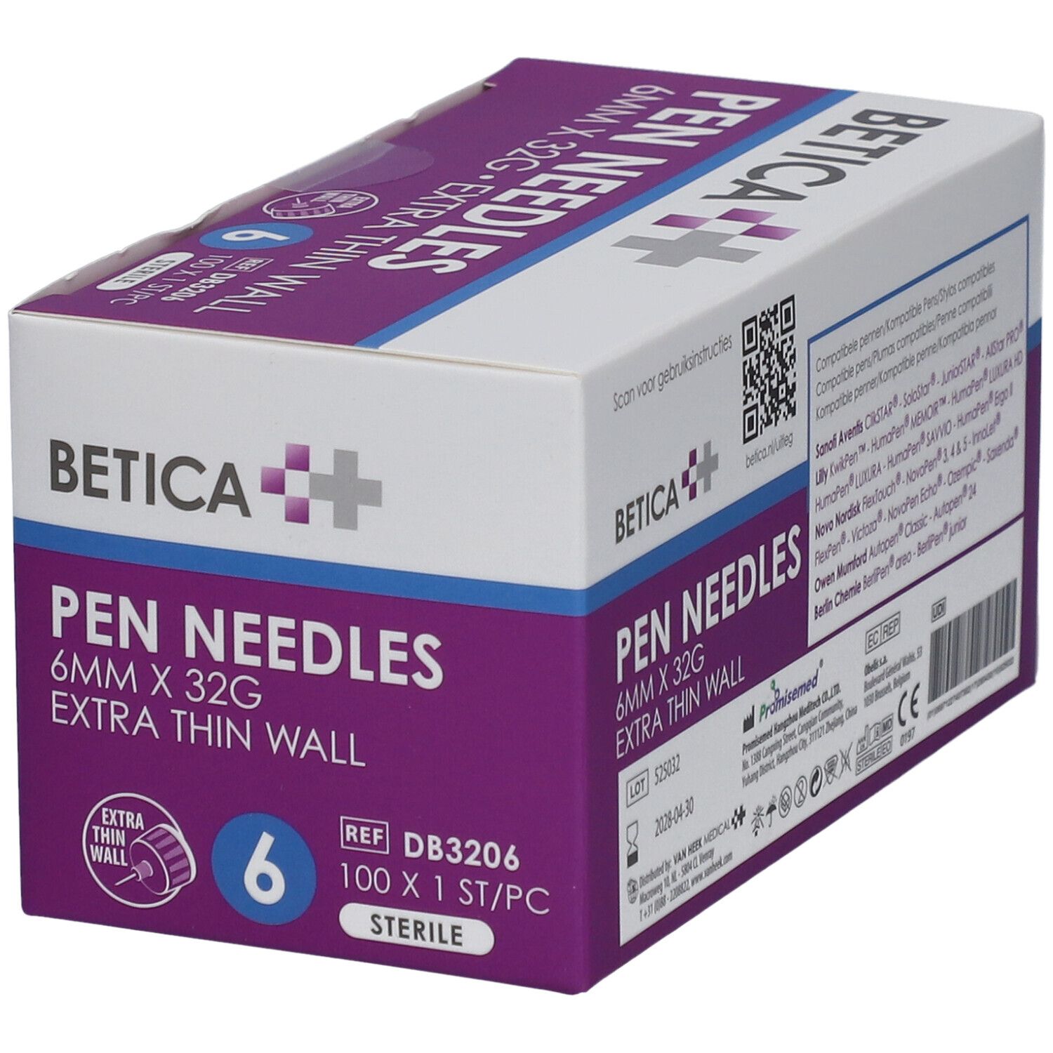 Boîte de Pen Needles Betica. 6mm x 32G, paroi ultra-fine. 6 aiguilles. Stérile.