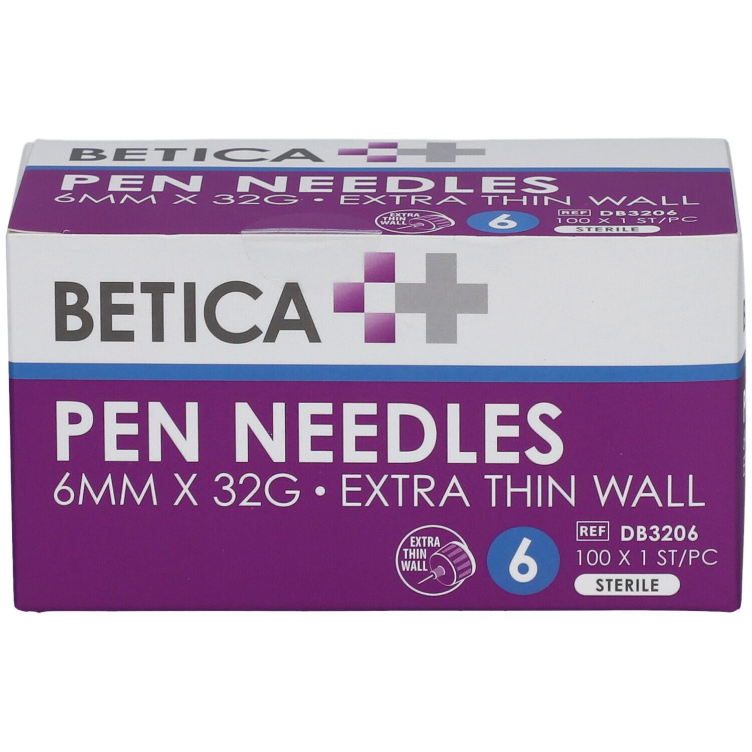 Boîte de Pen Needles Betica. 6mm x 32G, paroi ultra-fine. 6 aiguilles. Stérile.