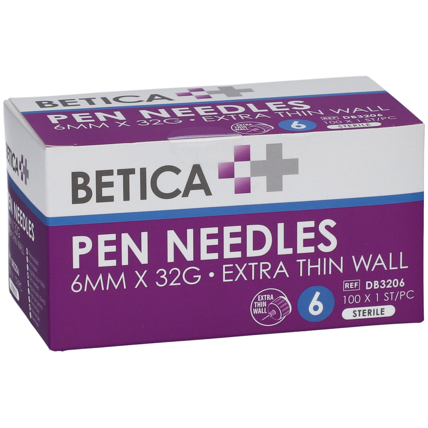 Boîte de Pen Needles Betica. 6mm x 32G, paroi ultra-fine. 6 aiguilles. Stérile.
