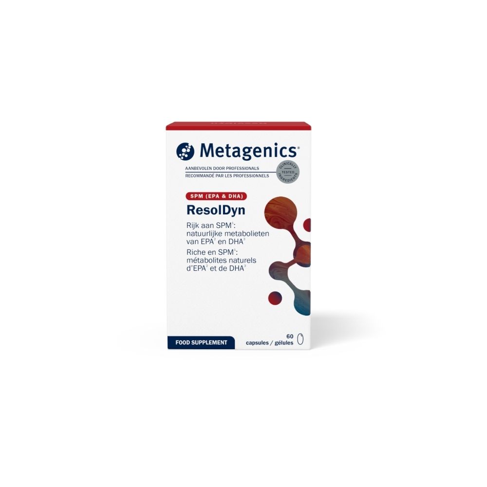 Emballage du produit. Inscription ResolDyn, 60 gélules, 42 g. Marque Metagenics.