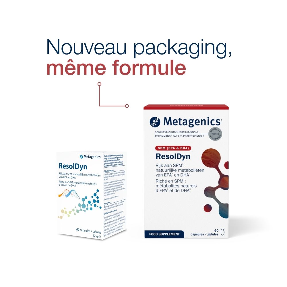Deux emballages du produit. Inscription ResolDyn. Marque Metagenics. Texte: Nouveau packaging, même formule.