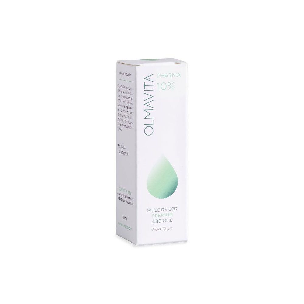 Emballage Olmavita Pharma 10% CBD. Boîte blanche, goutte verte. Texte: Huile de CBD, CBD Olie, Swiss Origin.