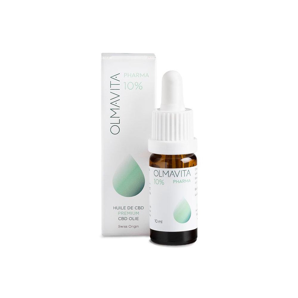 Olmavita Pharma 10% CBD huile et emballage. Flacon brun, pipette. Texte: Huile de CBD, CBD Olie, 10 ml.