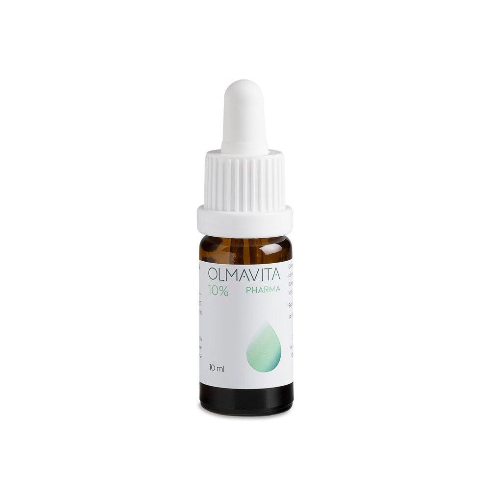 Flacon brun avec pipette. Olmavita Pharma 10% CBD huile. Texte: 10 ml. Goutte verte.