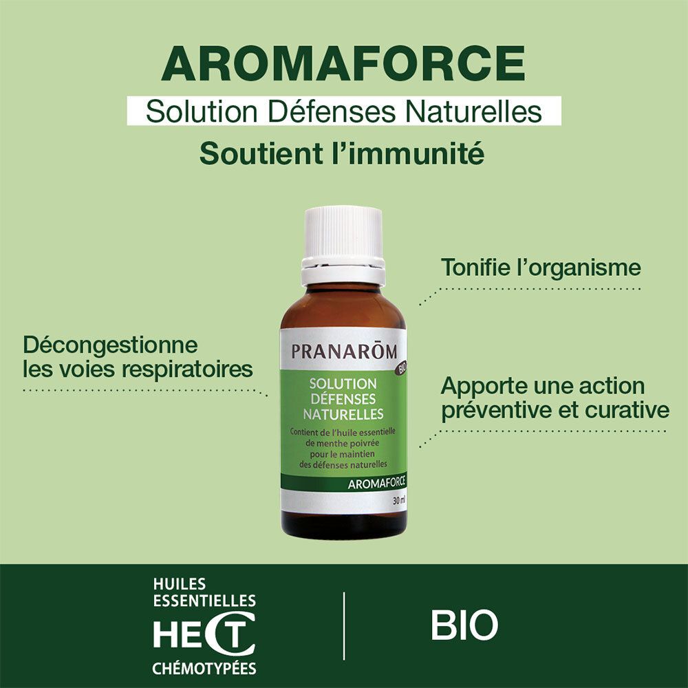 Flacon du produit. Texte: Aromaforce, Solution Défenses Naturelles. Soutient l'immunité.