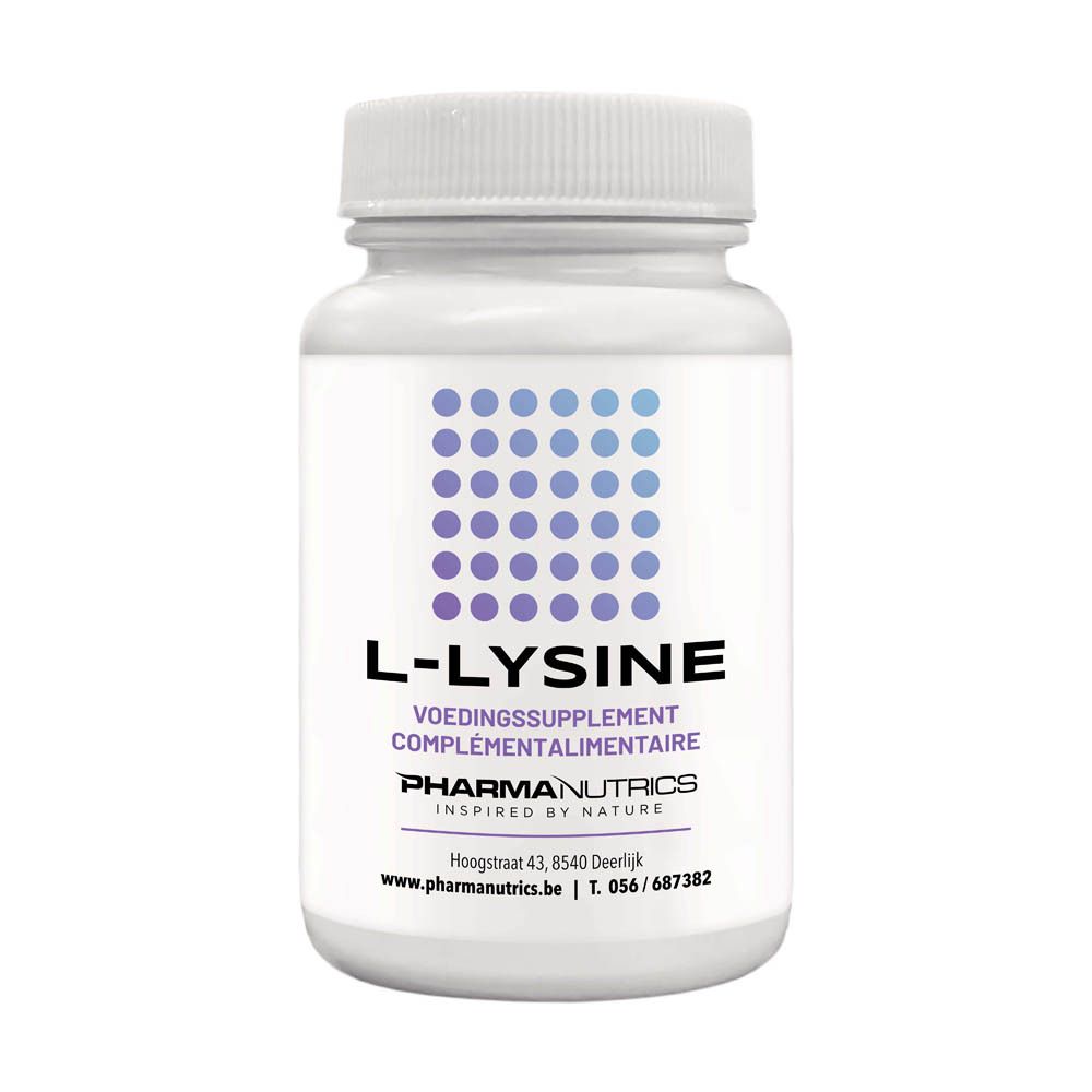 Flacon blanc avec motif de points bleus. Inscription: L-LYSINE, complément alimentaire. Marque: PharmaNutrics.